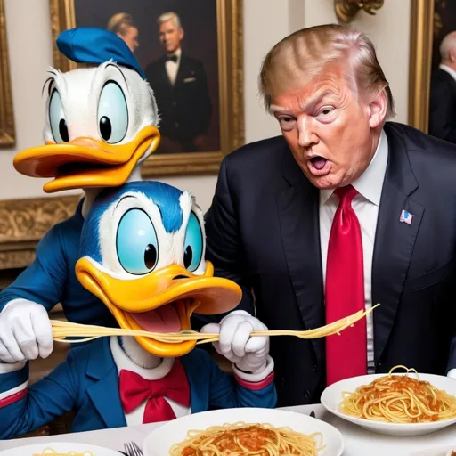 Prompt: Donald Duck and Donald trump eating spaghetti  with will smith watching
