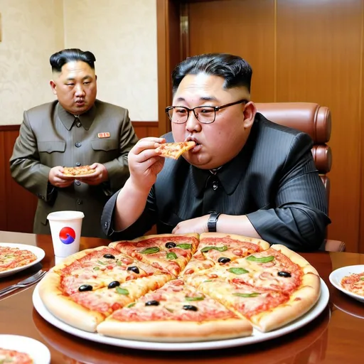 Prompt: Kim jong un eating pizza with all the foos in North Korea on it
