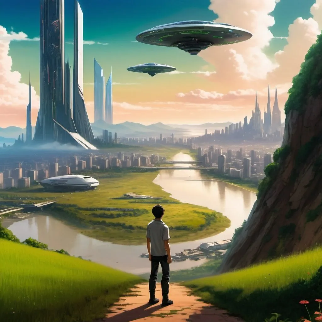 Prompt: A man standing from far away wearing casual clothing, is looking into a futuristic city that is far, and is filled with nature and technology, anime style