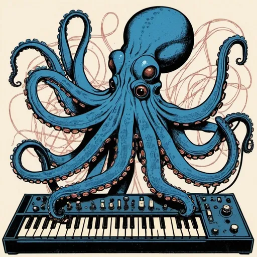 Prompt: A simple lithograph style woodcut of a pacific blue octopus plays with a modular synth. rough lines, wires, electronics, 1930s clip art. wisps of color here and there