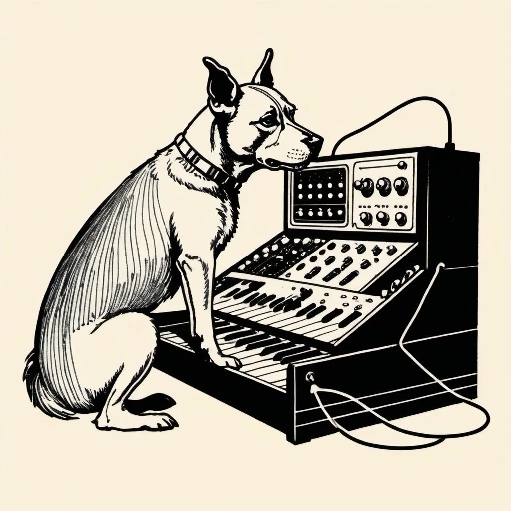 Prompt: A simple lithograph style woodcut of a dog plays a modular synth. rough lines, wires, electronics, 1930s clip art. wisps of color here and there