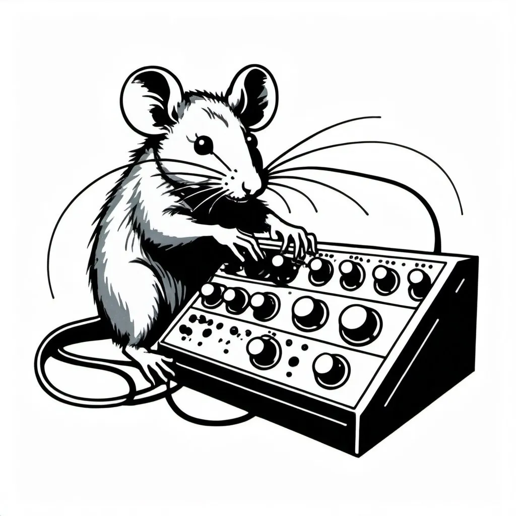 Prompt: A simple lithograph style woodcut with a white background of a cute rat playing with a modular synth equipment. rough lines, wires, electronics, 1930s clip art. wisps of color here and there.