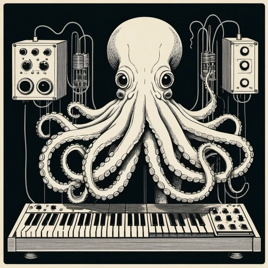 Prompt: A simple lithograph style woodcut of an octopus plays a modular synth. rough lines, wires, electronics, 1930s clip art. wisps of color here and there