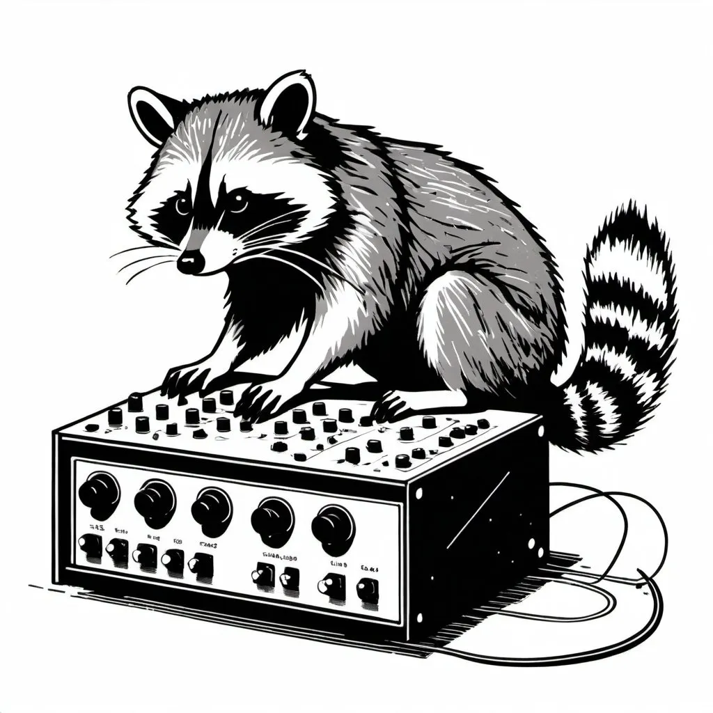 Prompt: A simple lithograph style woodcut with a white background of a racoon playing with modular synth equipment. rough lines, wires, electronics, 1930s clip art. wisps of color here and there.