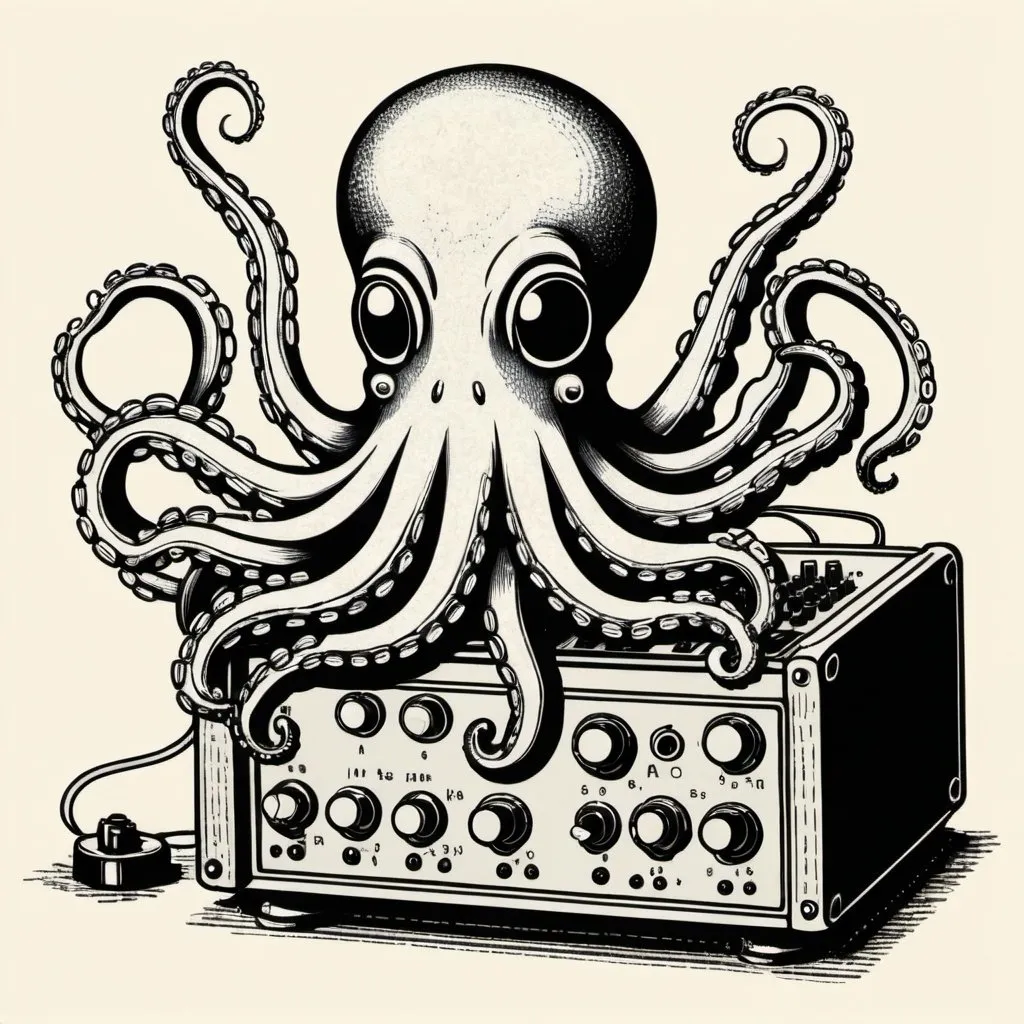 Prompt: A simple lithograph style woodcut of a cute octopus plays a modular synth. rough lines, wires, electronics, 1930s clip art. wisps of color here and there