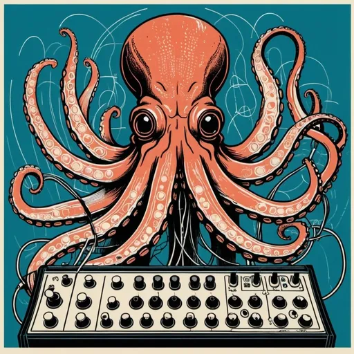 Prompt: A simple lithograph style woodcut of a pacific octopus plays a modular synth. rough lines, wires, electronics, 1930s clip art. wisps of color here and there