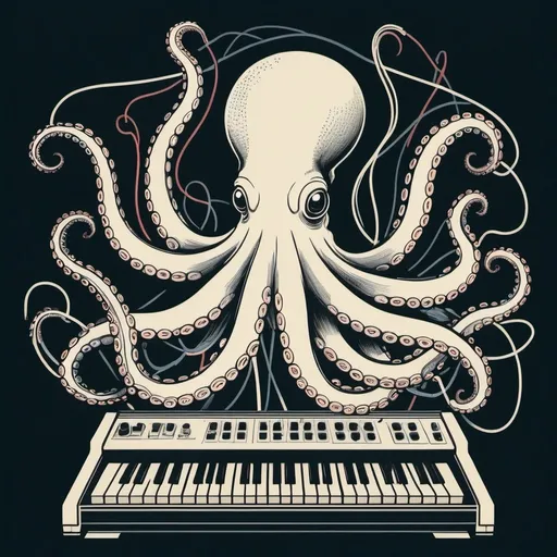 Prompt: A simple lithograph style woodcut of a nice octopus plays a modular synth. rough lines, wires, electronics, 1930s clip art. wisps of color here and there