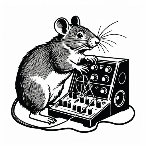 Prompt: A simple lithograph style woodcut with a white background of a friendly rodent playing with a modular synth equipment. rough lines, wires, electronics, 1930s clip art. wisps of color here and there.