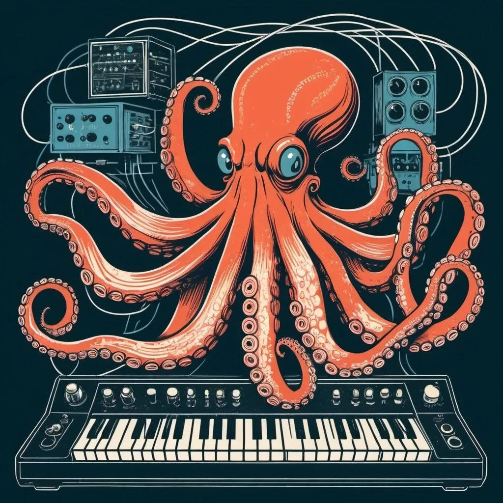 Prompt: A simple lithograph style woodcut of an octopus plays a modular synth. rough lines, wires, electronics, 1930s clip art. wisps of color here and there