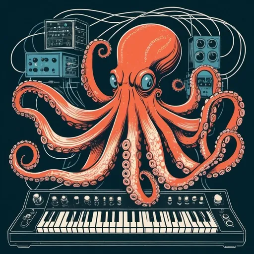 Prompt: A simple lithograph style woodcut of an octopus plays a modular synth. rough lines, wires, electronics, 1930s clip art. wisps of color here and there