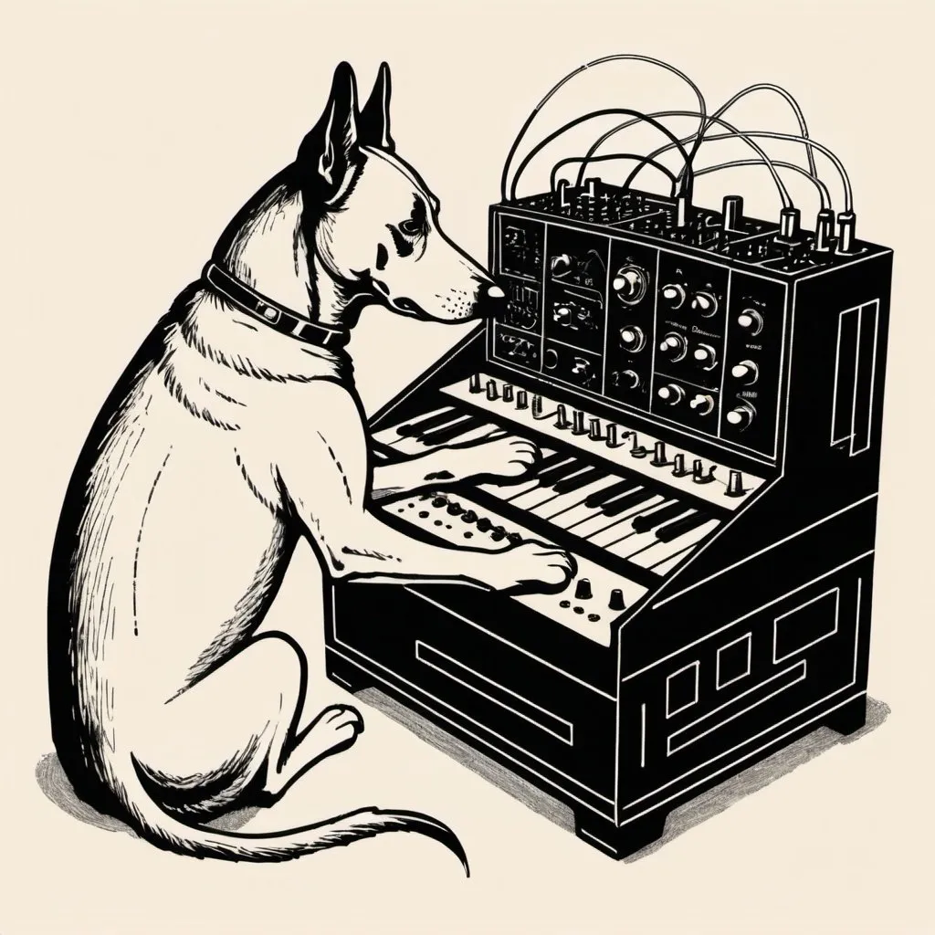 Prompt: A simple lithograph style woodcut of a dog plays a modular synth. rough lines, wires, electronics, 1930s clip art. 