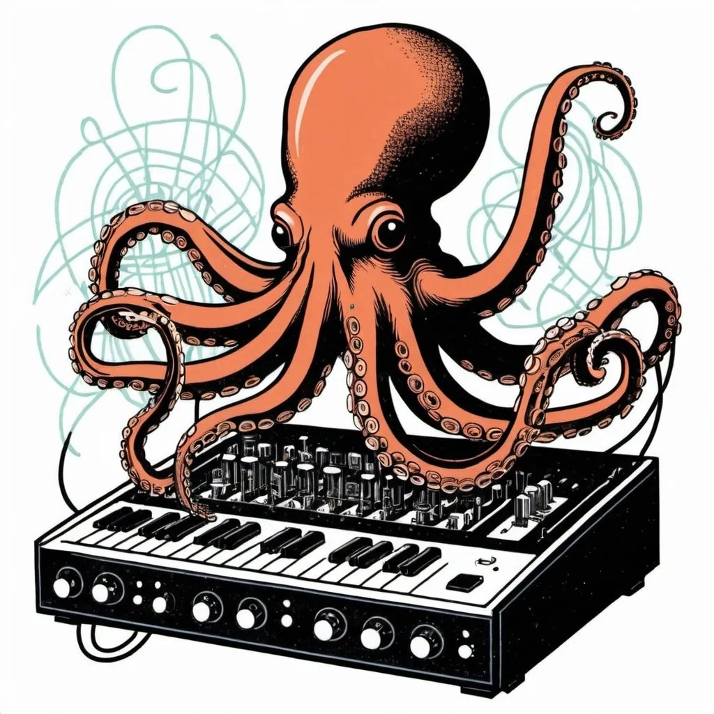 Prompt: A simple lithograph style woodcut of a nice octopus plays a modular synth. rough lines, wires, electronics, 1930s clip art. wisps of color here and there