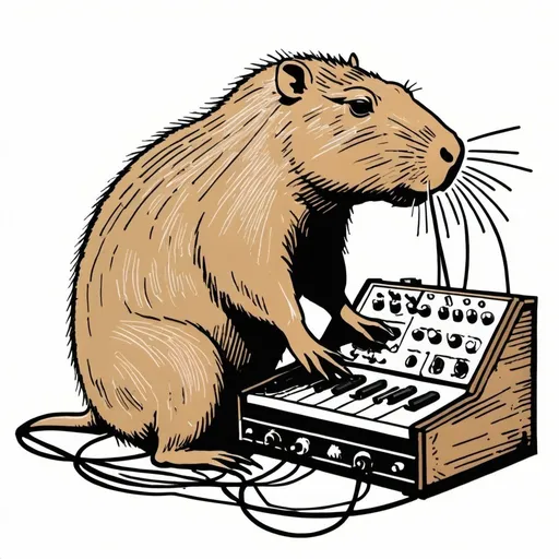 Prompt: A simple lithograph style woodcut with a white background of a capybara playing with modular synth equipment. rough lines, wires, electronics, 1930s clip art. wisps of color here and there.