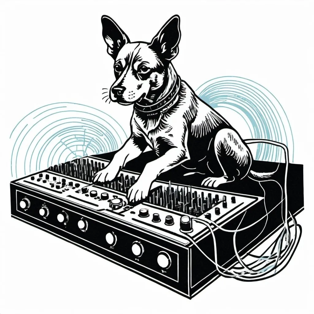 Prompt: A simple lithograph style woodcut of a dog plays a modular synth. rough lines, wires, electronics, 1930s clip art. wisps of color here and there