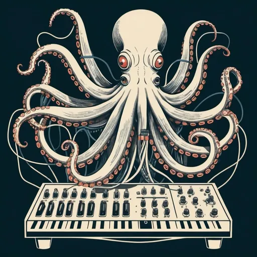 Prompt: A simple lithograph style woodcut of an octopus plays a modular synth. rough lines, wires, electronics, 1930s clip art. wisps of color here and there