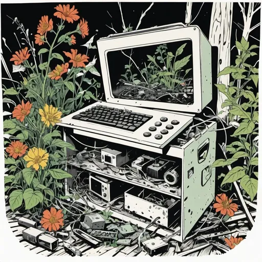 Prompt: A lithograph style woodcut with a white background of plants and flowers destroying consuming broken falling apart equipment. rough lines, electronics, overgrowth, trash, 1930s clip art. wisps of color here and there.