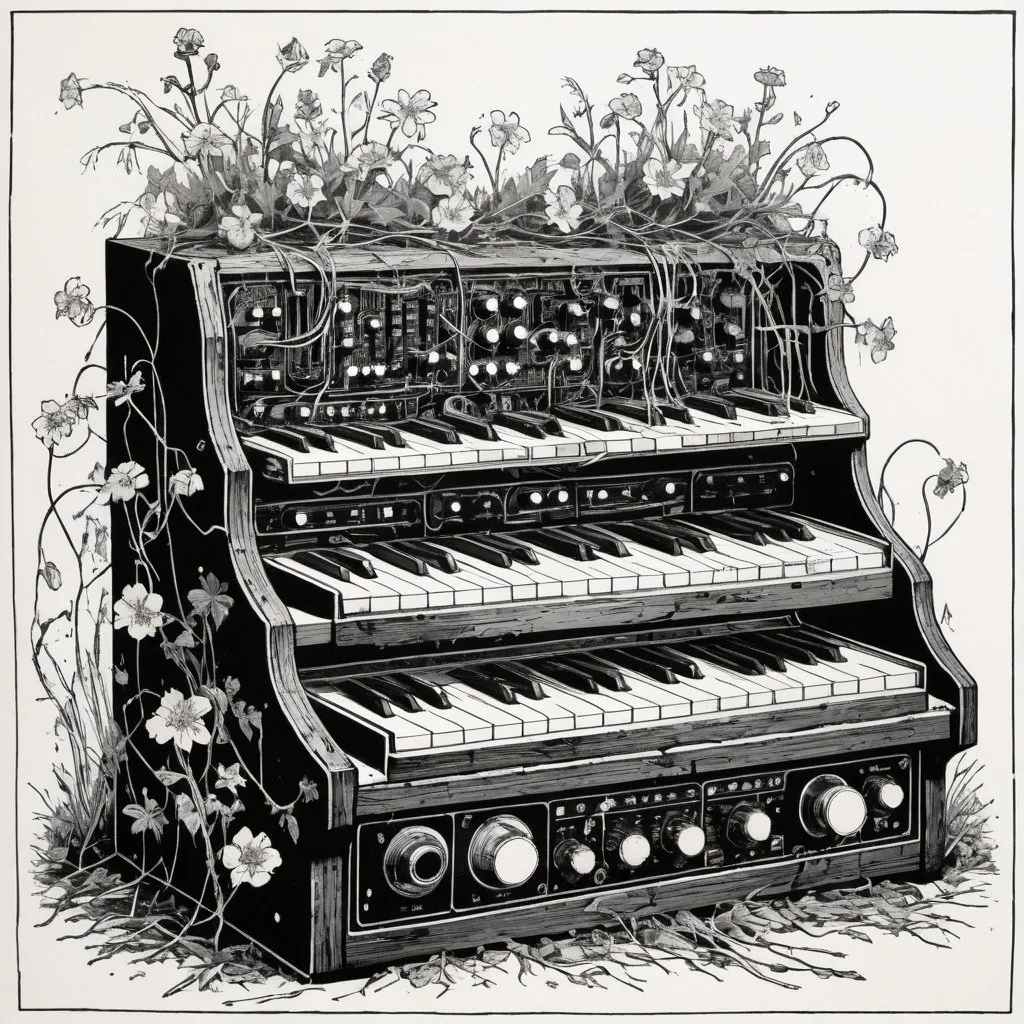 Prompt: black and white lithograph style woodcut of a decaying modular synth, flowers and vines, rough lines, 1930s clip art, wisps of color, white background, vintage, detailed decay, plant overgrowth, high quality, organic, vintage art style, botanical elements