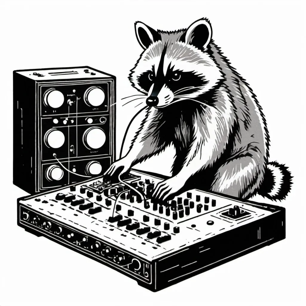 Prompt: A simple lithograph style woodcut with a white background of a racoon playing with modular synth equipment. rough lines, wires, electronics, 1930s clip art. wisps of color here and there.