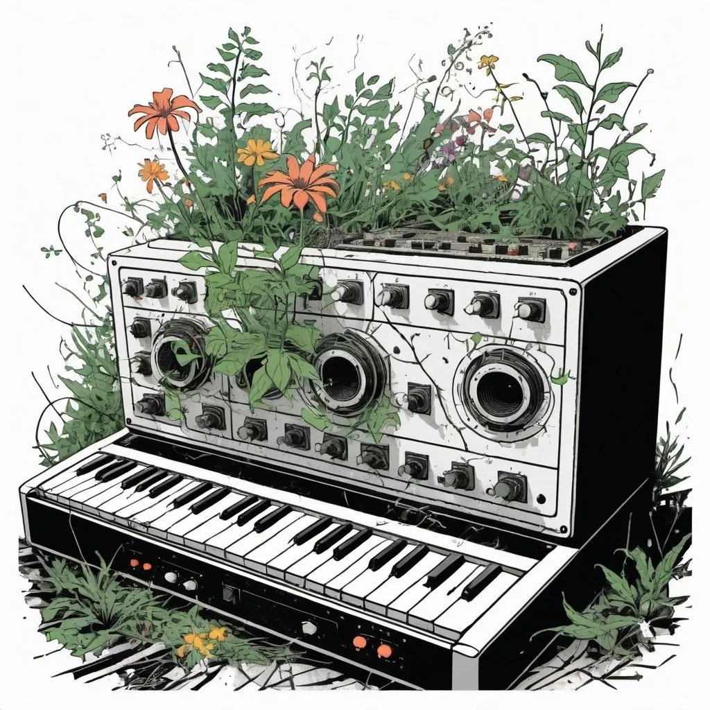 Prompt: A simple lithograph style woodcut of overgrown plants and flowers destroying broken modular synth equipment. white background, rough lines, overgrowth, decay, 1930s clip art. wisps of color here and there.