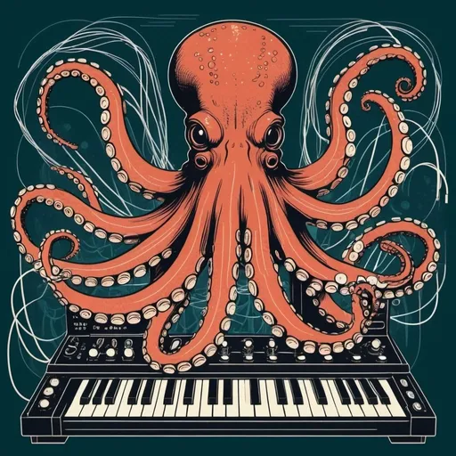 Prompt: A simple lithograph style woodcut of a pacific octopus plays a modular synth. rough lines, wires, electronics, 1930s clip art. wisps of color here and there