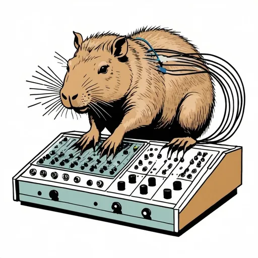 Prompt: A simple lithograph style woodcut with a white background of a capybara playing with modular synth equipment. rough lines, wires, electronics, 1930s clip art. wisps of color here and there.