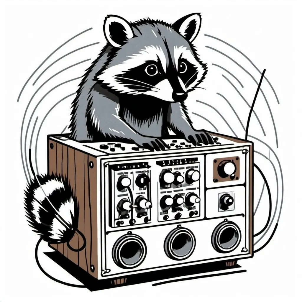 Prompt: A simple lithograph style woodcut with a white background of a cute racoon playing with a modular synth equipment. rough lines, wires, electronics, 1930s clip art. wisps of color here and there.