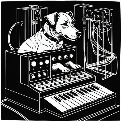 Prompt: A simple lithograph style woodcut of a dog plays a modular synth. rough lines, wires, electronics, 1930s clip art. 