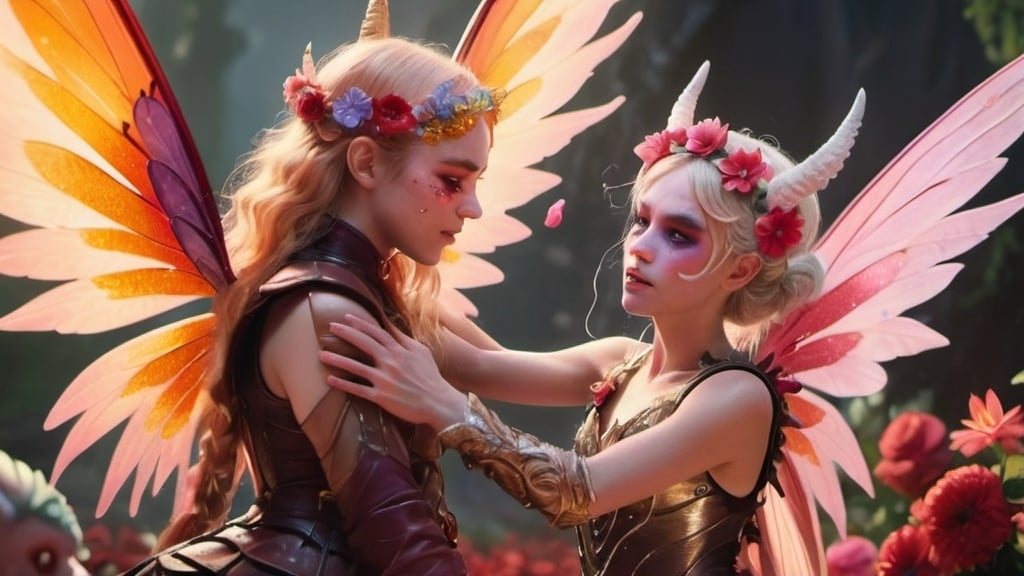 Prompt: battle scene: a bright fairy with wings and glitter makeup and flowers in their hair fighting a demon: zoomed out: wearing flower-like-leather-armor
