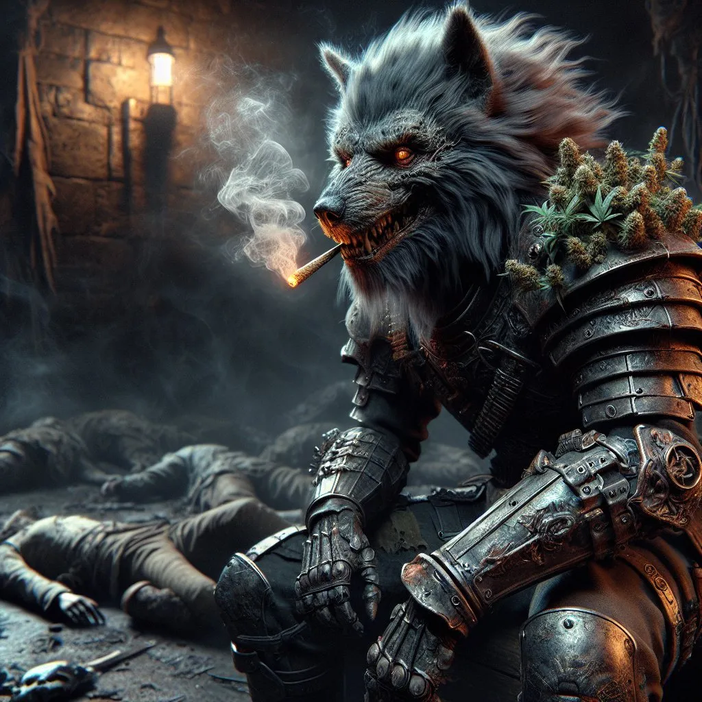 Prompt: Human with dog features in armor smoking giliweed, detailed fur and menacing gaze, medieval setting, gritty and dark atmosphere, high-quality rendering, digital art, intense and dramatic lighting, dead bodies in the background, dystopian, detailed eyes, best quality, highres, ultra-detailed, post-apocalyptic, digital art, menacing, gritty, dark atmosphere, detailed fur, dramatic lighting