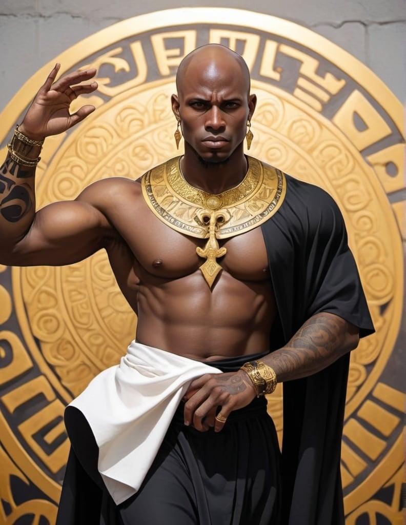 Prompt: Olorun. anime.supreme black God. Bald. muscular.  haitain black hem skirt godly right shoulder cape. gold adinkra symbols on body. Haitian ceremonial tattoos