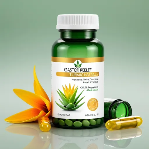 Prompt: "Generate a high-quality, realistic photo of a health supplement product named 'GastroRelief Naturals'. The product is a bottle of Aloe Vera & Turmeric Capsules designed for relieving stomach issues such as acid reflux and soothing the stomach lining.

Bottle Design:

Shape: Cylindrical
Material: High-quality transparent plastic or glass
Color: Clear with a subtle green tint
Label Design:

Background Color: Soft green gradient
Text: Bold and clean typography with the brand name 'GastroRelief Naturals' at the top, and 'Aloe Vera & Turmeric Capsules' below it.
Logo: A gentle wave with herbal elements (leaves or aloe vera motif)
Additional Text: 'For Stomach Health', '30 Capsules', and 'Dietary Supplement'
Imagery: Small icons or illustrations of aloe vera and turmeric
Packaging Details:

Cap: White, child-resistant cap with a glossy finish
Seal: Visible tamper-evident seal around the cap
Background:

Clean, white background to keep focus on the product
Soft shadows to create depth and realism
Additional Elements:

Arrange a few capsules around the bottle for context, showcasing the golden-yellow color of the turmeric and green tint of the aloe vera.
Lighting:

Soft, natural lighting to highlight the transparency of the bottle and the color of the capsules
Reflections and shadows to enhance realism
Create a visual that conveys a sense of health, trust, and efficacy. The overall image should be clean, professional, and appealing to health-conscious consumers."