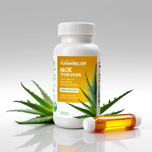 Prompt: "Generate a high-quality, realistic photo of a health supplement product named 'GastroRelief Naturals'. The product is a bottle of Aloe Vera & Turmeric Capsules designed for relieving stomach issues such as acid reflux and soothing the stomach lining.

Bottle Design:

Shape: Cylindrical
Material: High-quality transparent plastic or glass
Color: Clear with a subtle green tint
Label Design:

Background Color: Soft green gradient
Text: Bold and clean typography with the brand name 'GastroRelief Naturals' at the top, and 'Aloe Vera & Turmeric Capsules' below it.
Logo: A gentle wave with herbal elements (leaves or aloe vera motif)
Additional Text: 'For Stomach Health', '30 Capsules', and 'Dietary Supplement'
Imagery: Small icons or illustrations of aloe vera and turmeric
Packaging Details:

Cap: White, child-resistant cap with a glossy finish
Seal: Visible tamper-evident seal around the cap
Background:

Clean, white background to keep focus on the product
Soft shadows to create depth and realism
Additional Elements:

Arrange a few capsules around the bottle for context, showcasing the golden-yellow color of the turmeric and green tint of the aloe vera.
Lighting:

Soft, natural lighting to highlight the transparency of the bottle and the color of the capsules
Reflections and shadows to enhance realism
Create a visual that conveys a sense of health, trust, and efficacy. The overall image should be clean, professional, and appealing to health-conscious consumers."