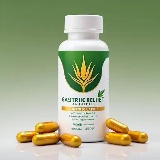 Prompt: "Generate a high-quality, realistic photo of a health supplement product named 'GastroRelief Naturals'. The product is a bottle of Aloe Vera & Turmeric Capsules designed for relieving stomach issues such as acid reflux and soothing the stomach lining.

Bottle Design:

Shape: Cylindrical
Material: High-quality transparent plastic or glass
Color: Clear with a subtle green tint
Label Design:

Background Color: Soft green gradient
Text: Bold and clean typography with the brand name 'GastroRelief Naturals' at the top, and 'Aloe Vera & Turmeric Capsules' below it.
Logo: A gentle wave with herbal elements (leaves or aloe vera motif)
Additional Text: 'For Stomach Health', '30 Capsules', and 'Dietary Supplement'
Imagery: Small icons or illustrations of aloe vera and turmeric
Packaging Details:

Cap: White, child-resistant cap with a glossy finish
Seal: Visible tamper-evident seal around the cap
Background:

Clean, white background to keep focus on the product
Soft shadows to create depth and realism
Additional Elements:

Arrange a few capsules around the bottle for context, showcasing the golden-yellow color of the turmeric and green tint of the aloe vera.
Lighting:

Soft, natural lighting to highlight the transparency of the bottle and the color of the capsules
Reflections and shadows to enhance realism
Create a visual that conveys a sense of health, trust, and efficacy. The overall image should be clean, professional, and appealing to health-conscious consumers."