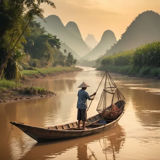 Prompt: Create an image of a fisherman catching fish in the Mekong River. Show a middle-aged man in a traditional wooden boat, casting a fishing net. The background should feature the Mekong riverside landscape with mountains and forests. Set the scene during sunrise or sunset, conveying a peaceful and natural atmosphere. Use warm and vibrant color tones to reflect the traditional way of life of the local people.