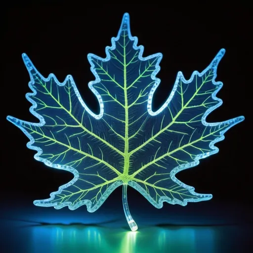 Prompt: **Bioluminescent transparent crystal canadian maple leaf made from hylozoic techno-construction lace circuitry,