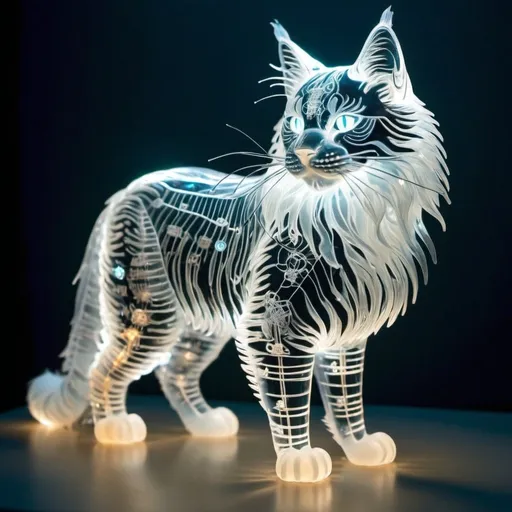 Prompt: **Bioluminescent transparent crystal maine coon cat made from hylozoic techno-construction lace circuitry,