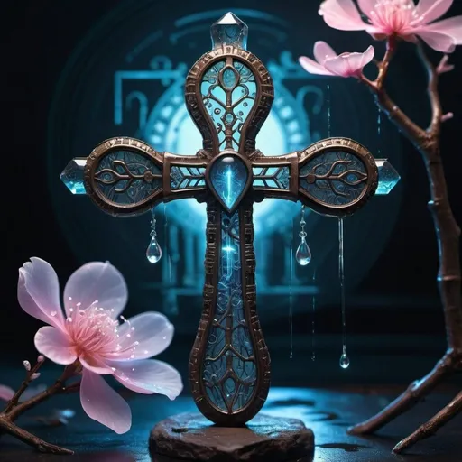 Prompt: **Bioluminescent transparent glass Egyptian Ankh, made from hylozoic techno-construction lace circuitry, perched on a crystal Sakura branch. The branch, also crafted from hylozoic techno-construction lace, extends outward with intricate petal textures adorned with glistening water drops. The scene is lit from within, showcasing detailed, luminous patterns. The overall aesthetic is cyberpunk, set in a moonlit rain, highlighting breathtaking beauty and intricate details. Fantasy art in a digital painting style.**