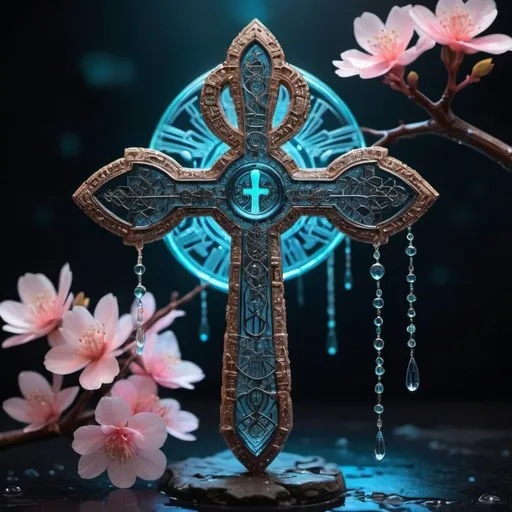 Prompt: **Bioluminescent transparent crystal Egyptian Ankh, made from hylozoic techno-construction lace circuitry, perched on a crystal Sakura branch. The branch, also crafted from hylozoic techno-construction lace, extends outward with intricate petal textures adorned with glistening water drops. The scene is lit from within, showcasing detailed, luminous patterns. The overall aesthetic is cyberpunk, set in a moonlit rain, highlighting breathtaking beauty and intricate details. Fantasy art in a digital painting style.**