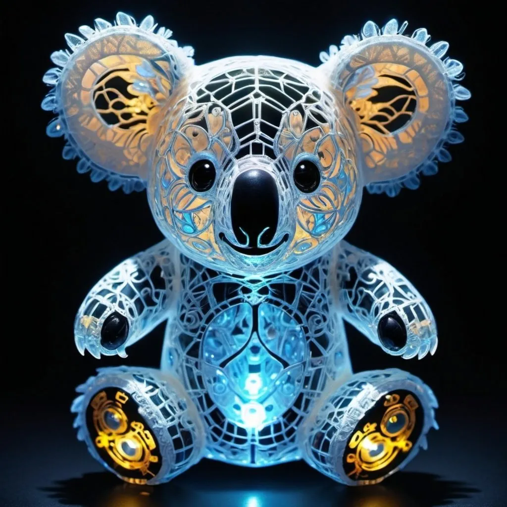 Prompt: **Bioluminescent transparent crystal koalabear happy made from hylozoic techno-construction lace circuitry,