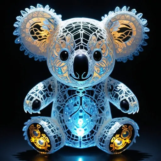 Prompt: **Bioluminescent transparent crystal koalabear happy made from hylozoic techno-construction lace circuitry,