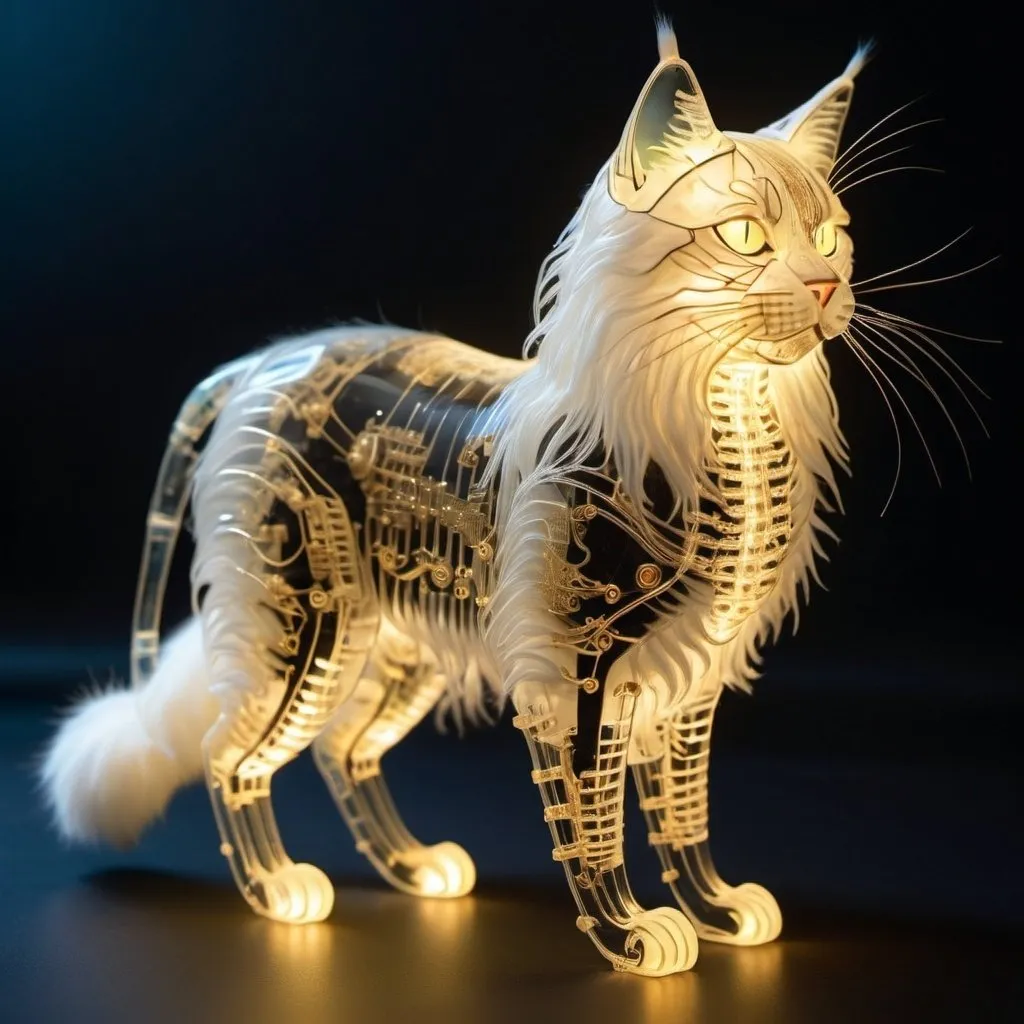 Prompt: **Bioluminescent transparent mechanical maine coon cat made from hylozoic techno-construction lace circuitry made using one gold thread