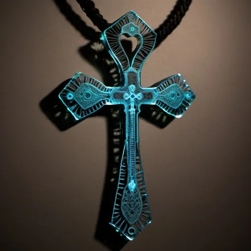 Prompt: **Bioluminescent transparent crystal Ankh, made from hylozoic techno-construction lace circuitry,