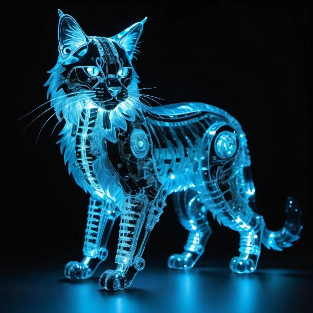 Prompt: **Bioluminescent transparent crystal mechanical anthropomorphic maine coon battle cat made from hylozoic techno-construction lace circuitry,