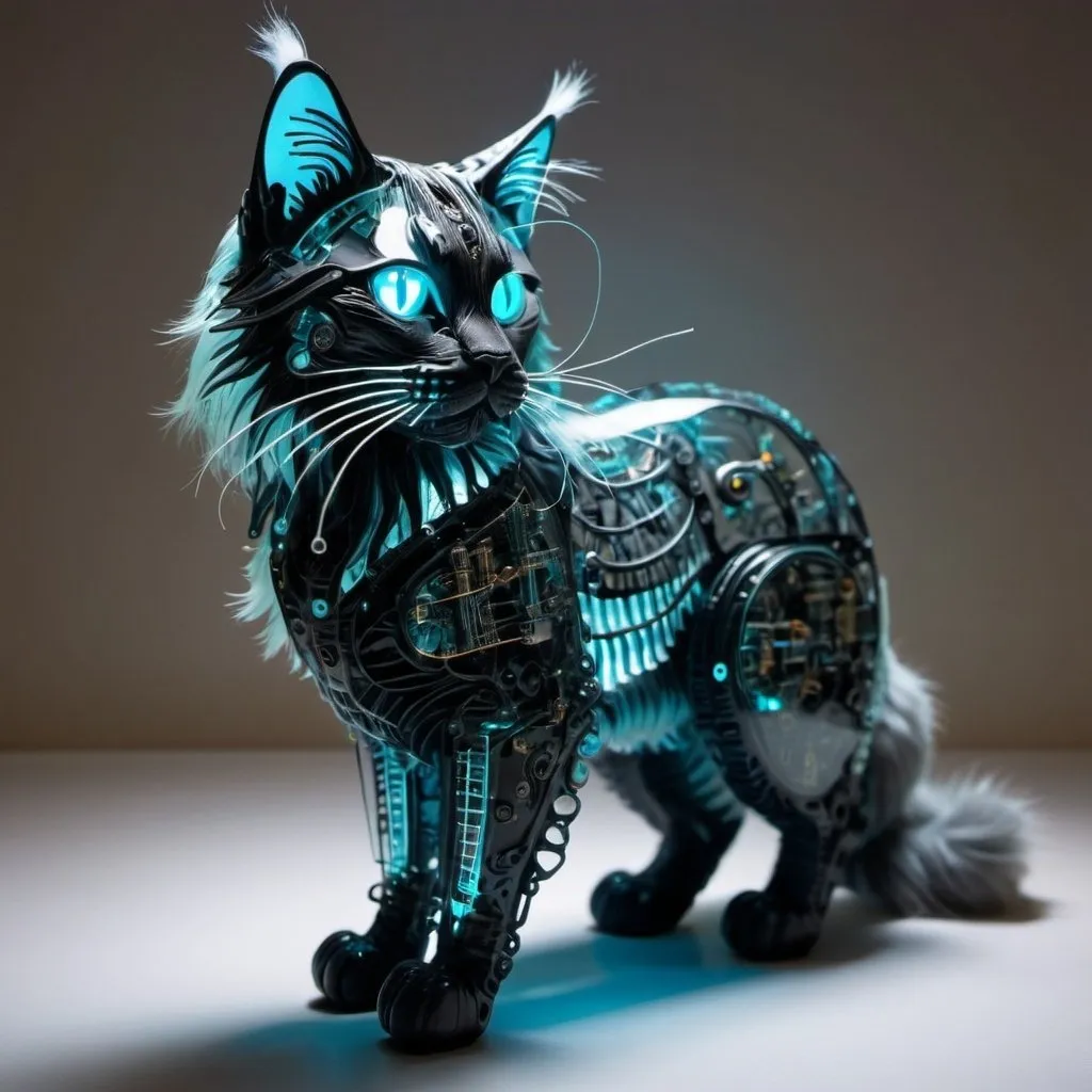 Prompt: **Bioluminescent transparent mechanical maine coon cat made from hylozoic techno-construction lace circuitry,