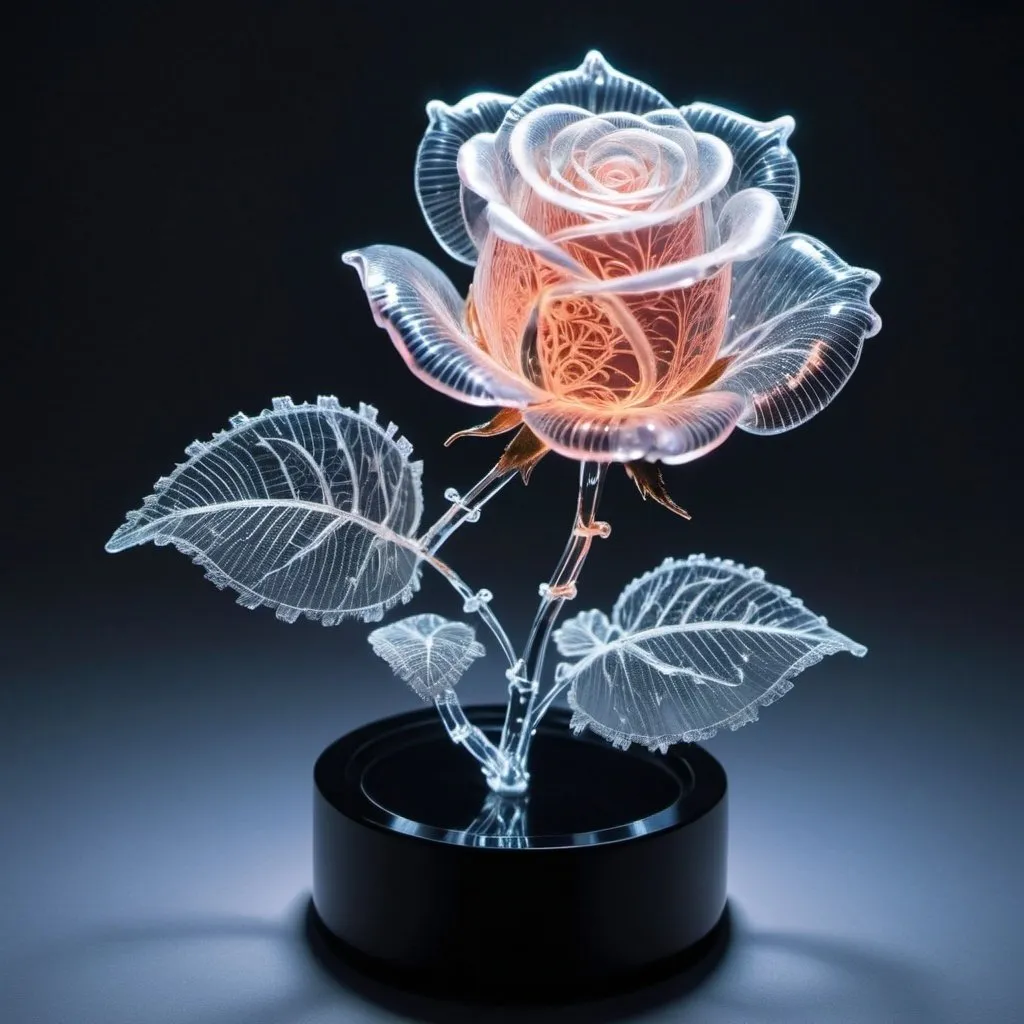 Prompt: **Bioluminescent transparent crystal rose made from hylozoic techno-construction lace circuitry,