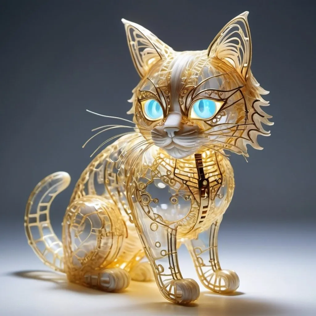 Prompt: 
**Bioluminescent Transparent Mechanical Maine Coon Cat Crafted from Hylozoic Techno-Construction Lace Circuitry with One Gold Thread**

Create a detailed visual representation of a bioluminescent transparent mechanical Maine Coon cat. The cat should be constructed using hylozoic techno-construction lace circuitry, intricately woven with one single gold thread. 

Key elements to emphasize:
1. **Bioluminescence**: The cat emits a gentle, otherworldly glow from within, highlighting its transparent structure. The light should pulse softly, reminiscent of deep-sea creatures.
2. **Hylozoic Techno-Construction**: The lace circuitry should appear delicate yet complex, with an ethereal, almost living quality. This network of fine threads and nodes should be visible through the cat's transparent exterior, showcasing advanced, organic-like technology.
3. **Gold Thread**: A single gold thread runs through the entirety of the circuitry, serving as a focal point and adding a touch of opulence. This thread should be distinctly visible, standing out against the otherwise silvery and translucent materials.

Focus on the contrast between the cat's organic appearance and its mechanical nature, blending the fantastical with high-tech details. The overall aesthetic should be one of delicate complexity, evoking a sense of wonder and advanced futuristical