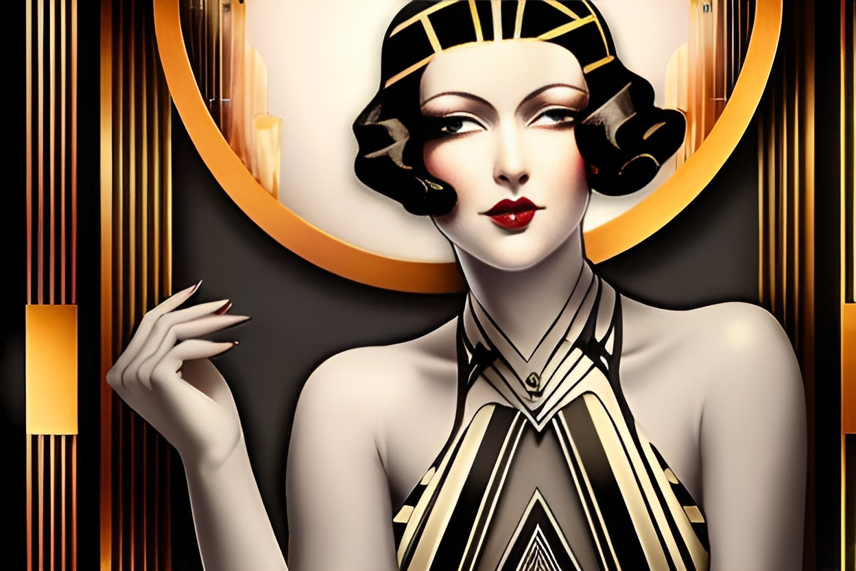 Prompt: Beautiful Art Deco Woman dressed in a beautiful naughty revealing dress at an art deco party Perfectly beautiful highly detailed facial features 