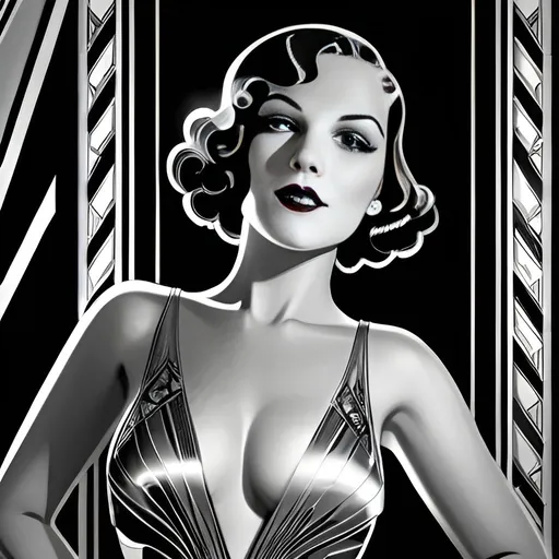 Prompt: Beautiful Art Deco Woman dressed in a beautiful naughty revealing dress at an art deco party Perfectly beautiful highly detailed facial features 