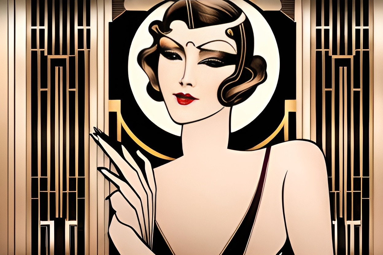 Prompt: Beautiful Art Deco Woman dressed in a beautiful naughty revealing dress at an art deco party Perfectly beautiful highly detailed facial features 