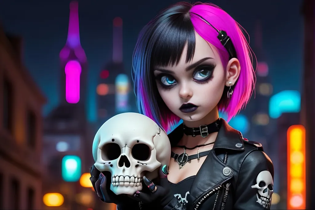 Prompt: Cute Emo girl holding gothic skull, revealing outfit, neon cityscape background, misc-gothic, detailed eyes, professional, atmospheric lighting, highres, gothic style, intense gaze, cute design, city lights casting a neon glow, sleek design, ultra-detailed, cute emo